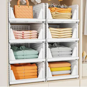 5-Pack Stackable, Foldable Plastic Waterproof Closet Storage Baskets - Space-Saving White Home Organizers for Bathroom, Kitchen, Water Proof