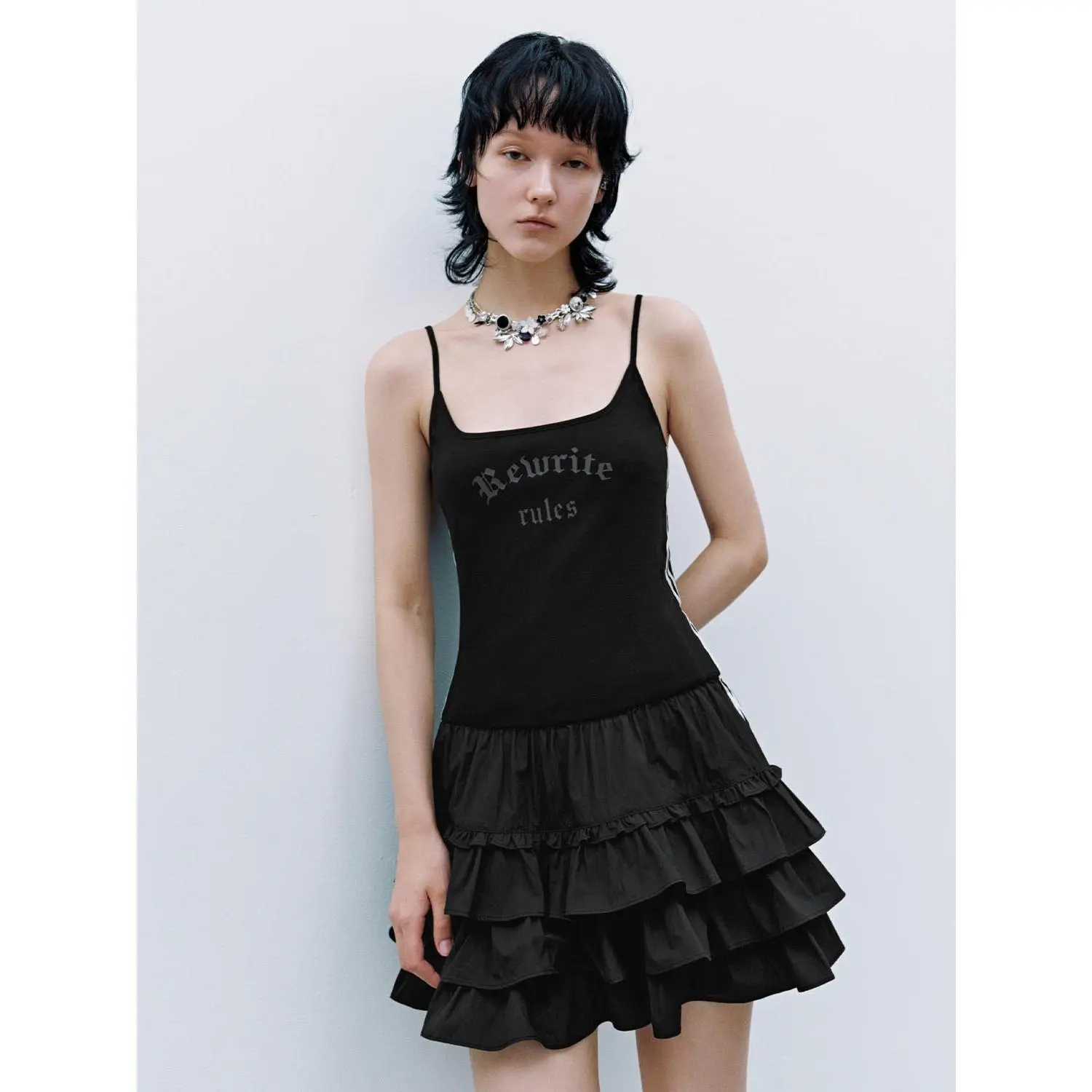 URBAN REVIVO 2026 Women's Elegant Multi-Layered Cropped Mini Dress - Skinny Camisole, Sleeveless, Spaghetti Strap, Ruffle Neck, Cotton Knit-Polyester Woven Fabric, Comfortable Fit, Casual Wear, Chic