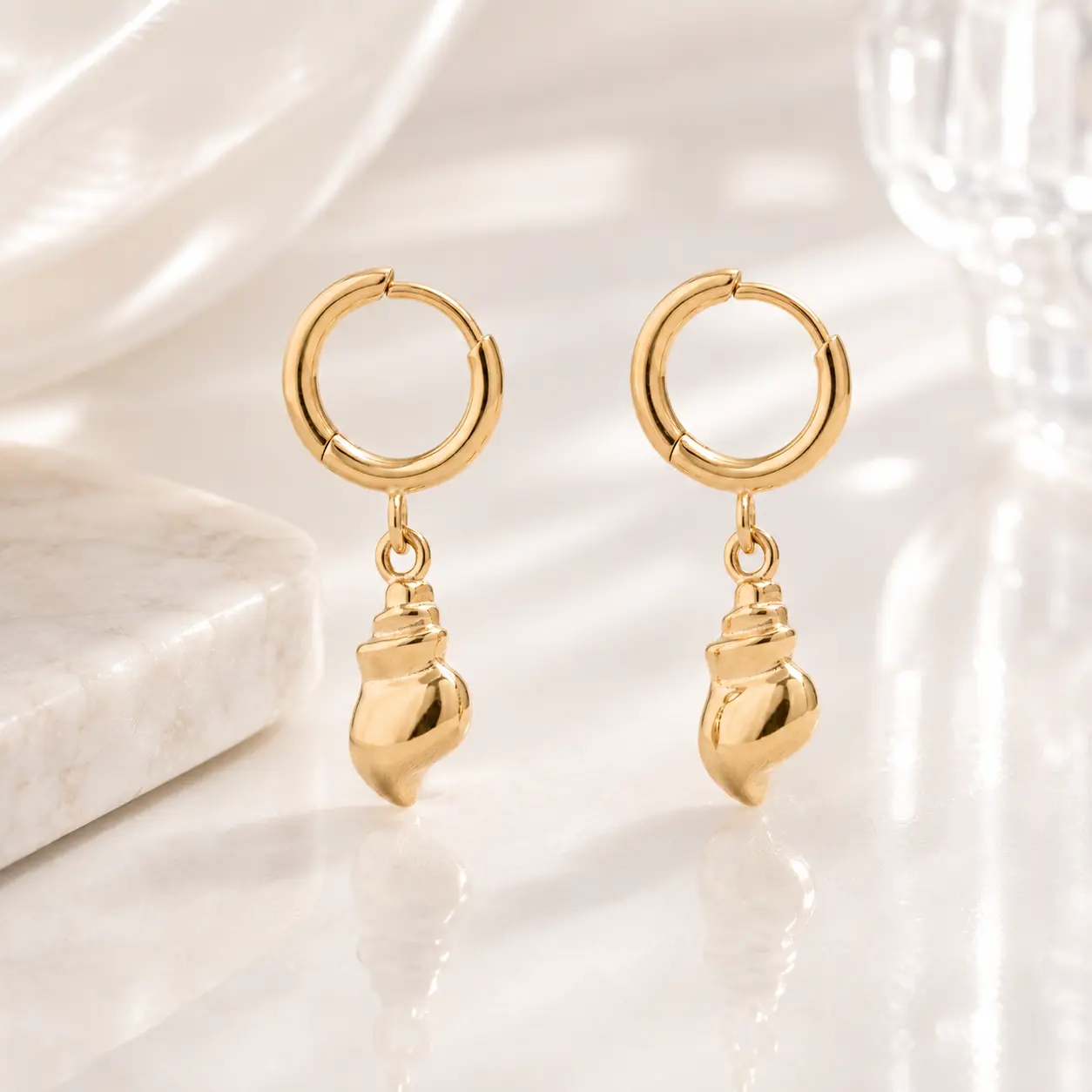 Conch Shell Huggie Earrings – 18K Gold, Coastal, Waterproof