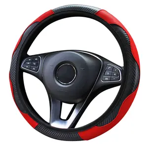 Car Steering Wheel Cover, 15 inch Carbon Fiber Microfiber PU Leather Elastic Steering Wheel Protector for Men Women, Anti-Slip Breathable Car Interior Accessories for Most Cars (Red)