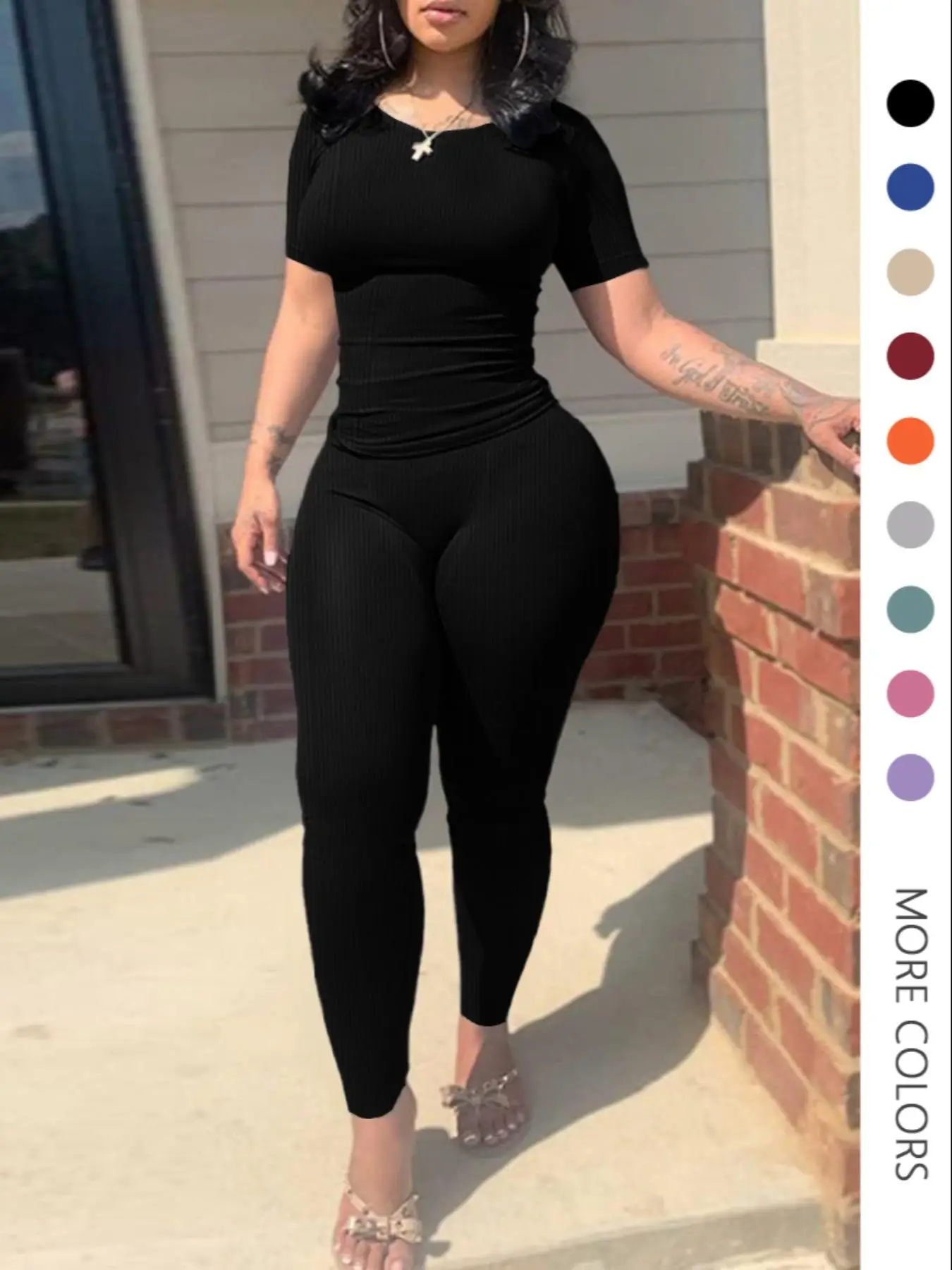 Women's Plain Pants Two-piece Set, Casual Short Sleeve Round Neck Tee & Leggings Set, Back To School Outfits, Workout Set, Gym Clothes, Lady Basic Fit