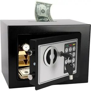Mini Electronic Safe Box with Digital Keypad & Keys, 0.23 Cubic Small Safe Deposit Box with Coin Slot, Safety Safe for Home Office Dorm, Storage for Cash Money Gun, Black
