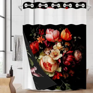 1PC Double Layer Shower Curtain, No Hooks, Dark Floral Print Waterproof Fabric, Moody Bathroom Decor, Vintage Whimsical Aesthetic, Hotel Bathroom Accessory, Detachable Buckle Shower Curtain and Liner, Bathroom Room Divider