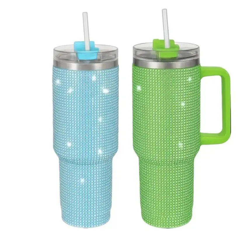 THIRSTEE -Pack of 2 (Blue and Green) Rhinestone 40oz Stainless Steel Insulated Tumblers with Handle and Straw – Travel Cups for Hot and Cold Beverages