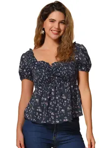 INSPIRE CHIC Puff Short Sleeve Floral Blouse for Women Sweetheart Neck Shirred Ruffle Peplum Top
