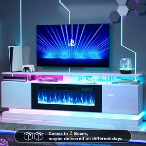 【2 Packages Shipping】oneinmil 70" Fireplace TV Stand, Modern Entertainment Center for TVs Up to 80”, TV Console with Storage Cabinets, Media Console for Living Room, White TV Stand and White Fireplace