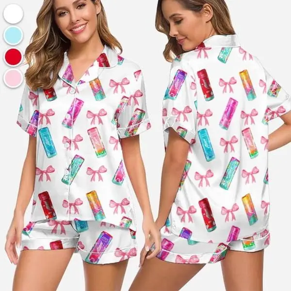 Alani Nu Inspired Energy Drink Coquette Bow Pajama Set, Cute Satin Sleepwear for Women