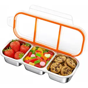 Bento Lunch Box Stainless Steel Snack Containers,  Stainless Steel 3-Compartment Condiment Metal Bento Lunch Box with , Divided Snack  Storage Lunchable Containers, 1 Pack