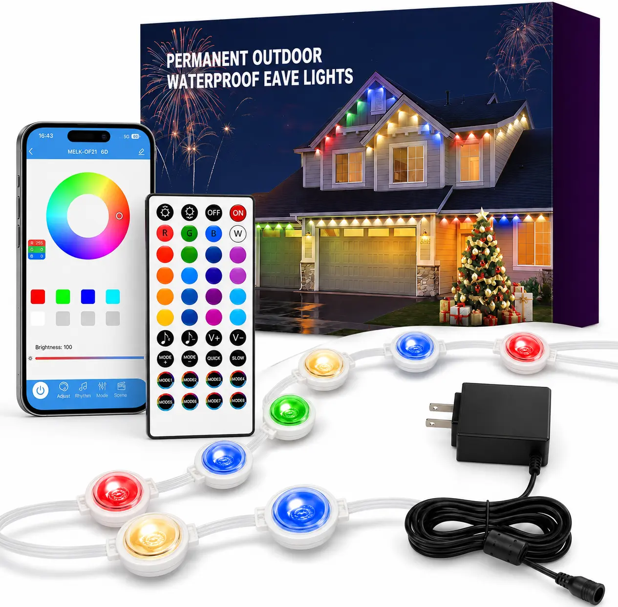 Permanent outdoor RGB smart eaves lighting, IP67 protection rating, app control, music sync, Christmas/Halloween holiday decoration, 100FT/150FT/200FT