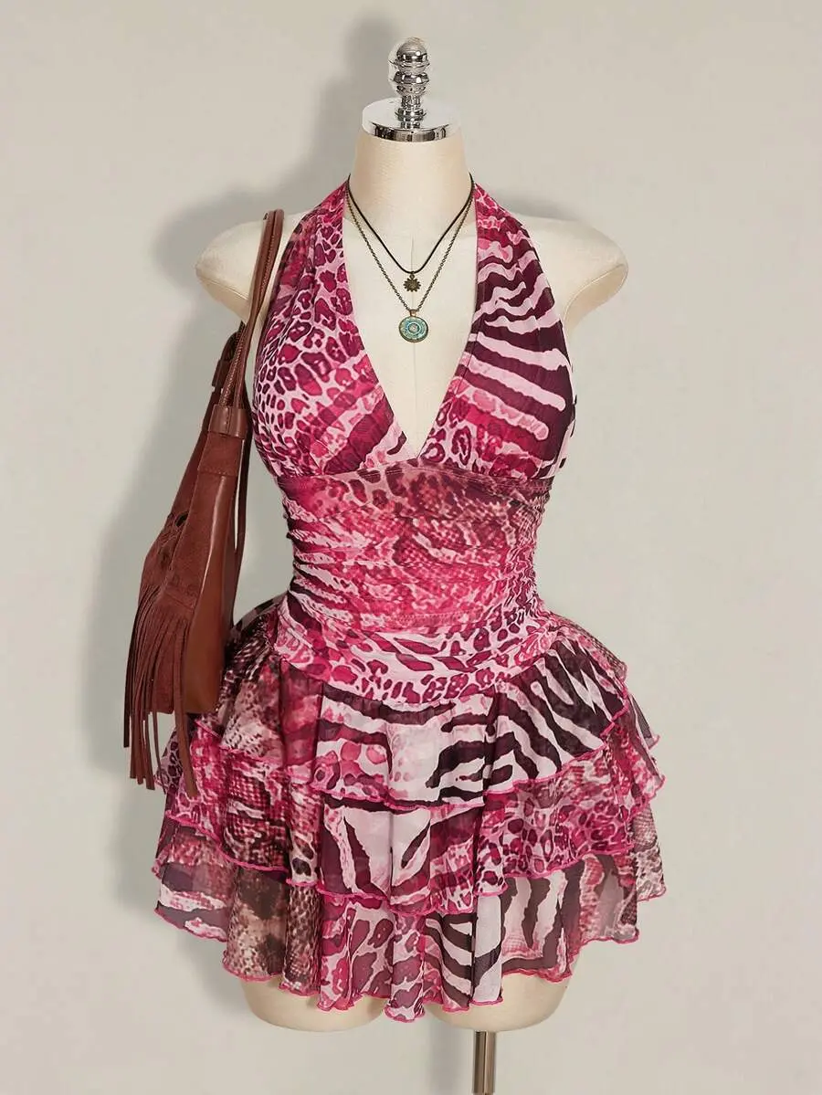 Women's Sexy Beach Vacation Leopard & Zebra Print Patchwork Backless Tie-Front Ruffle Hem Waist Cinched Dress