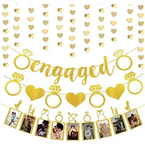 Engagement Party Decorations,  Glitter Engaged Banner and Photo Banner with Heart Garland for Bridal Shower Engagement Wedding Party Decorations Supplies