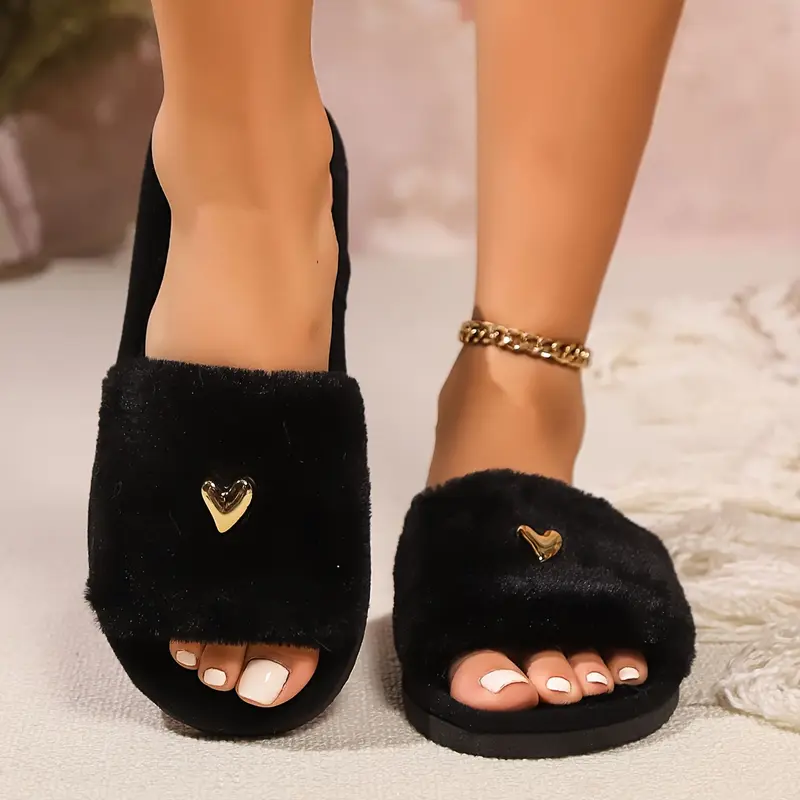 [Soft Plush Slippers for Women] New high-end fashion love-decorated plush slippers for women with open toes, soft and comfortable, lightweight, suitable for bedroom,living room,home,suitable for all seasons Shoe Footwear Flipflop Slide Girl Tsinelas Black