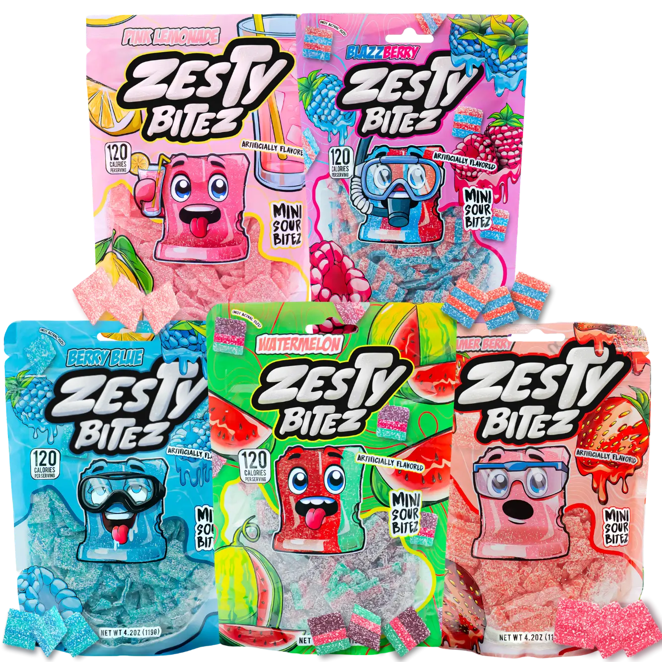 Zesty Bitez Buck Mama Pack 5 Flavors - Mini Snack Bites in Blazzberry, Berry Blue, Watermelon, Pink Lemonade, and Strawberry Fruity Flavors Candy Sour Sweet