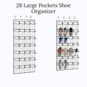 28 Large Pockets Over The Door Shoe Organizer | Heavy Duty Hanging Shoe Rack for Closet & Bedroom | Breathable Non-Woven Fabric Storage Holder with 4 Metal Hooks | Space-Saving Door Hanger for Men's Size 13 Shoes, Toys, & Accessories | White