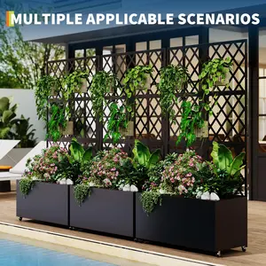 Steel Raised Garden Bed with Trellis & Privacy Screen - Planter Box w/Lockable Casters, Drainage Holes for Vines, Vegetables on Patio, Deck, Yard, Black