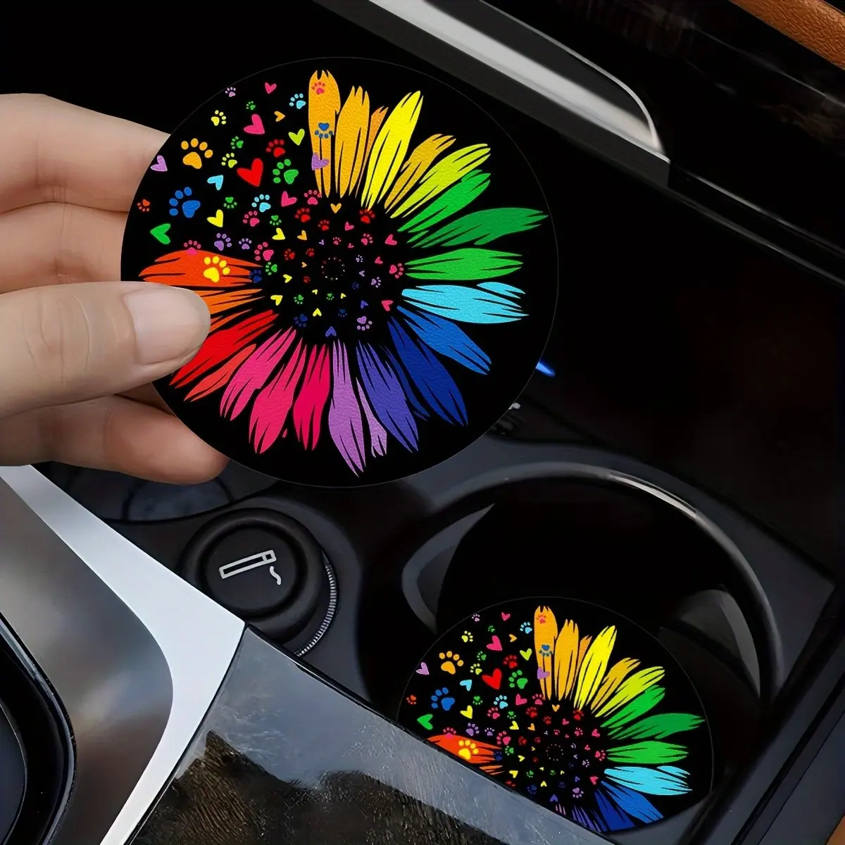 2pcs Colorful Sunflower Pattern Car Coaster, 2.75-Inch Round Decorative Car Coaster, Home & Car Water Cup Mat, Beverage Mat, Car Interior Accessories, Aesthetic Car Accessory