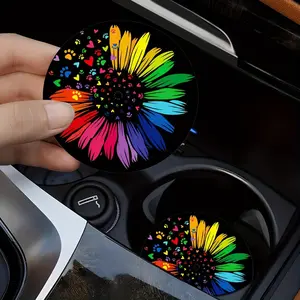 2pcs Colorful Sunflower Pattern Car Coaster, 2.75-Inch Round Decorative Car Coaster, Home & Car Water Cup Mat, Beverage Mat, Car Interior Accessories