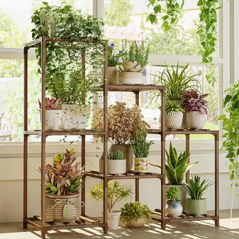 Bamworld Durable 3-Tier Vertical Plant Stand (25cm) - 3-Layer Rack, Reinforced Joints, Triangular Stable Charred Waterproof Wood Compartments, Weather Resistant, Multi-Pot Home Organizer for Beginners, Both Indoor/Outdoor Plant Storage Solutions