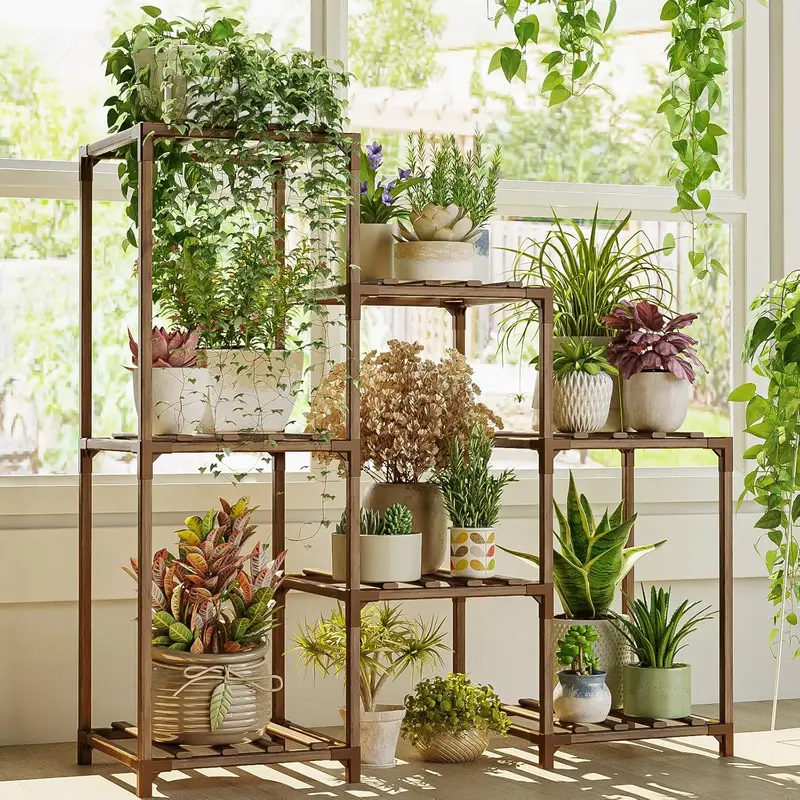 Bamworld Durable 3-Tier Vertical Plant Stand (25cm) - 3-Layer Rack, Reinforced Joints, Triangular Stable Charred Waterproof Wood Compartments, Weather Resistant, Multi-Pot Home Organizer for Beginners, Both Indoor/Outdoor Plant Storage Solutions