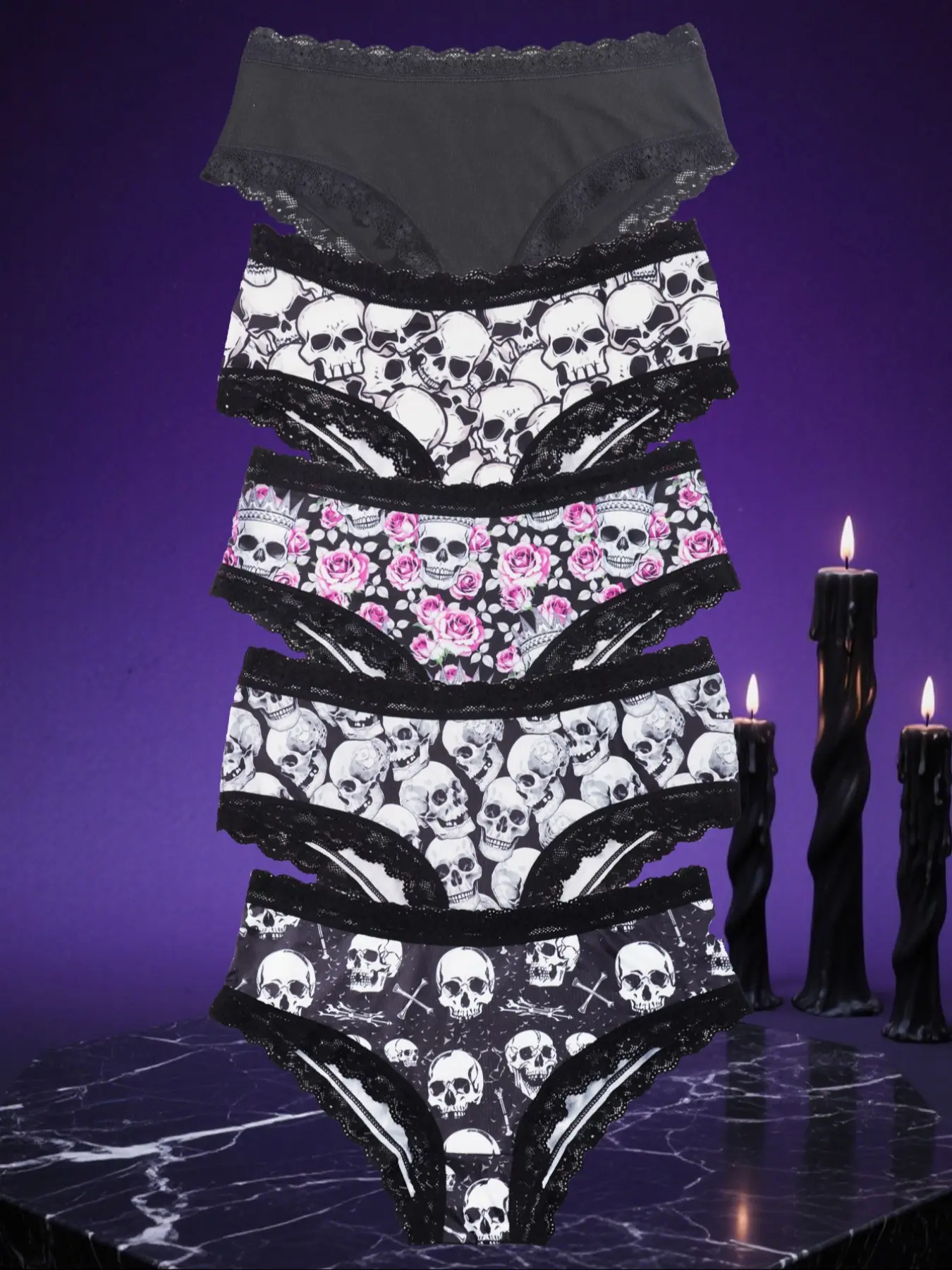 Morvia 5pcs Sexy Cute Gothic Halloween Contrast Lace Hipster Panties, Floral Lace Panties, Allover Print Comfy Intimates Briefs Panties, Women's Underwear & Lingerie, Fashion Comfy Underwear