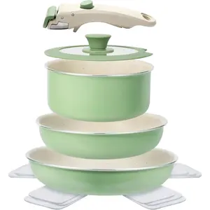 Pots and Pans Set Non Stick, 8pcs Granite Cookware Set, Detachable Handle Pots and Pans, Nonstick Induction Cookware with Removable Handle, Oven Safe RV Cooking Set, Green