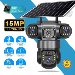 Solar Powered WiFi Security Camera, Digital, 15mp Triple Lens, HD Night Vision, 360° Panorama, Color Night Vision, Two-Way Audio, USB Charging