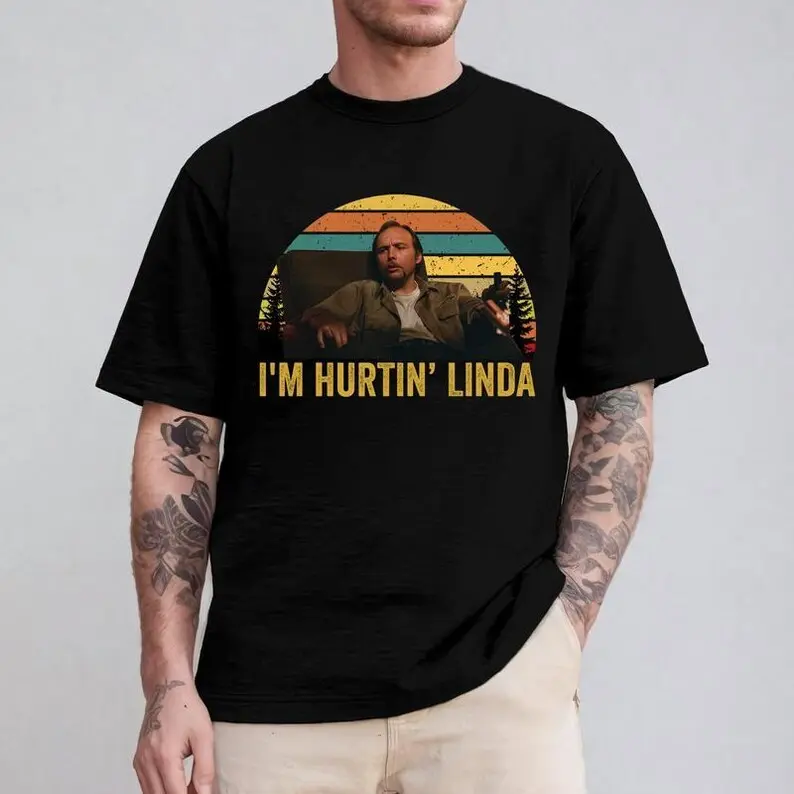 Women's Retro Graphic T-Shirt, 'I'm Hurtin' Linda' 90s Movie Quote, Distressed Soft Breathable Cotton Short Sleeve Top, Tops, Casual, Shortsleeve, Round Neck, Print, Everyday, Fabric, Fitted, Tee, Tshirt, Streetwear, Father's Day, Athletic, Breathable Fab