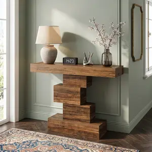 42.5 Inch Farmhouse Rustic Console Table, Narrow MDF Wood Entryway Accent Table with Geometric Base, Floor Standing Multipurpose Decor Sofa Table for Living Room Hallway Foyer Home Household Use