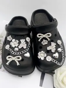 14 Piece Silver Color Rhinestone Chains, Bowknots, Abs Pearl Flowers, Bear Bows, Hearts, Crowns, Shoe Accessories, Easy Install DIY Decorations, Rhinestone Shoes Charms