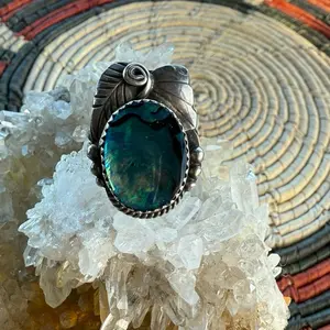 Native American Abalone Leaf Ring with Intricate Design and Vibrant Blue Abalone Stone for Unique Jewelry