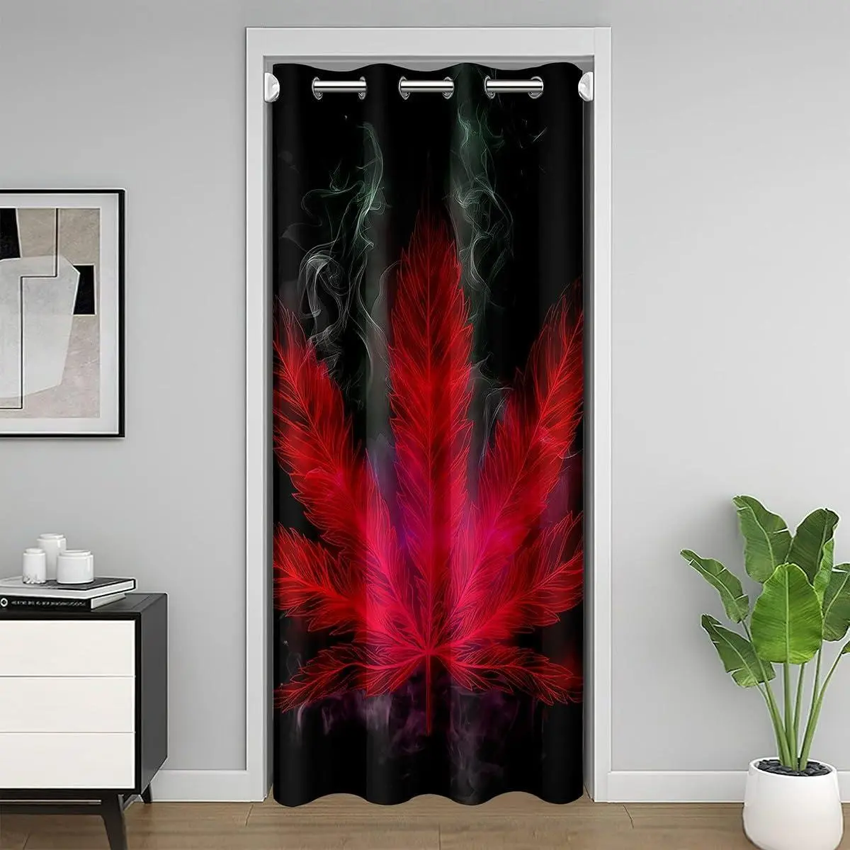 Door Curtain Red Leaves Blackout Curtain Boho Hippie Theme Doorway Curtain Wall Bohemian Red Smoky Leaves Printed Door Drape