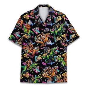 Bigfoot Riding Dinosaur Hawaiian Shirts Men, Retro 80s Sasquatch Bigfoot Short-sleeve Hawaiian Shirt, Vintage Dinosaur Button Up Shirt