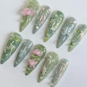 Katy Nails – Fish & Lotus Flower Press-On Nails, Handmade Jade Green Jelly Tips, 3D Floral Art, Calm Pond Design, Custom Reusable Nails, Gifts for Her, Trending Summer Set