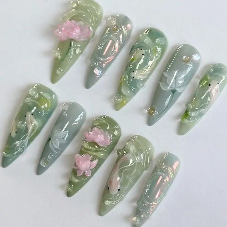 Katy Nails – Fish & Lotus Flower Press-On Nails, Handmade Jade Green Jelly Tips, 3D Floral Art, Calm Pond Design, Custom Reusable Nails, Gifts for Her, Trending Summer Set