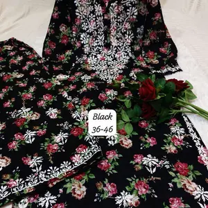 Black with floral Chikankari kurta, Palzzo with dupatta 3pcs set features intricate white embroidery