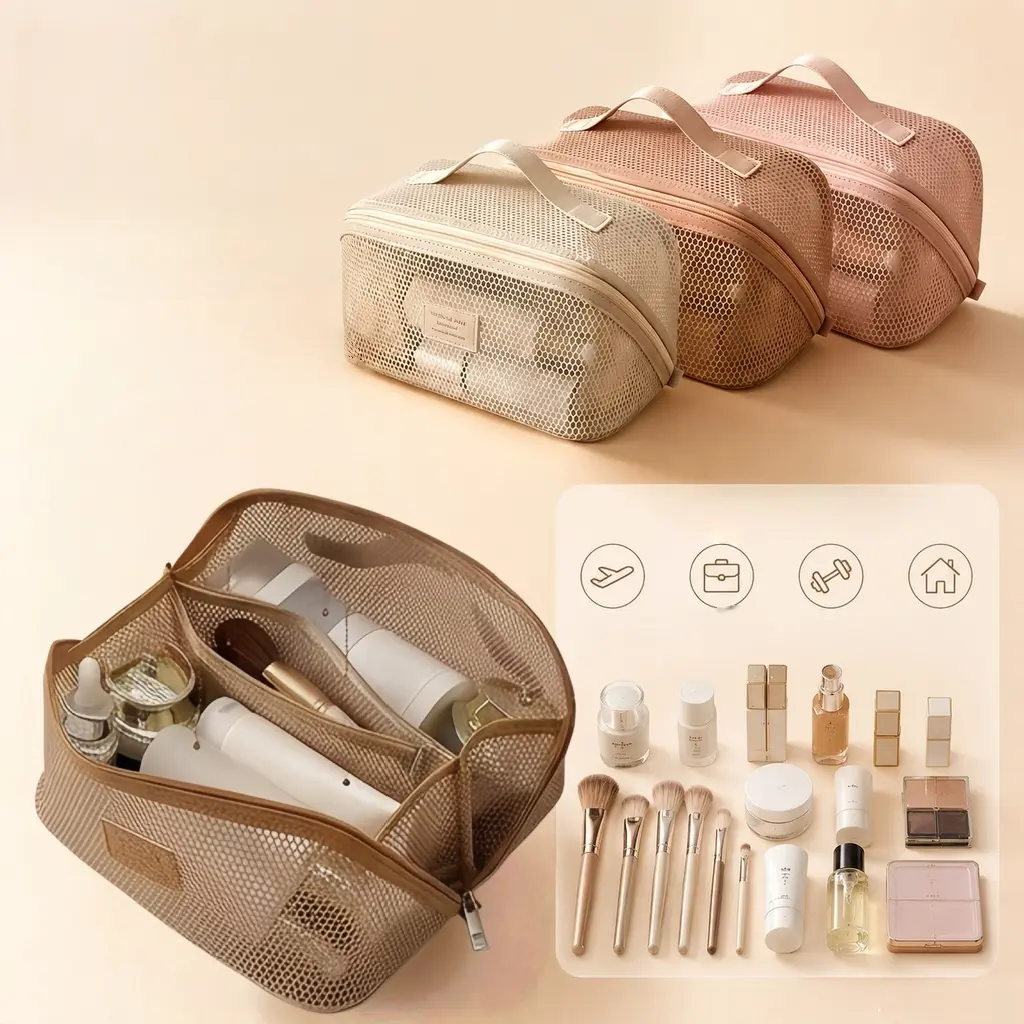 Mesh Travel Makeup Bag, Large Capacity Cosmetic Bag for Women, Double Layer Toiletry Organizer with Small Pocket, Clear Portable Pouch for Skincare, Brushes, Toiletries & Travel Essentials