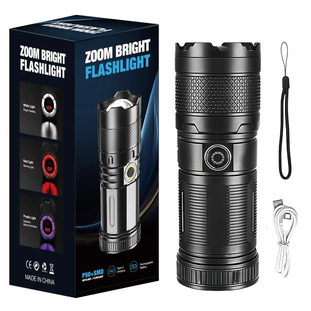 Zoomable Tactical Flashlight Ultra Bright LED Flashlight & 10 Lighting Modes High-Lumen COB Side  Waterproof Portable Non-Slip Flashlights for Outdoor Adventure Camping Hiking Night Exploration Survival Gear Emergency  handheld flash light