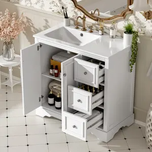 36'' transitional bathroom vanity with ceramic sink – features 2 soft-close doors, an adjustable U-shaped shelf, 3 drawers (including one with divider), painted finish, and ample storage space   WL