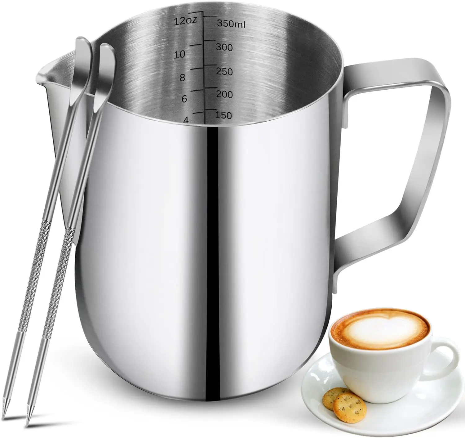Milk Frothing Pitchers-12oz/350ML Stainless Steel Steaming Pitchers, Scale Coffee/Milk/Cappuccino/Latte Art Barista Steam Pitchers