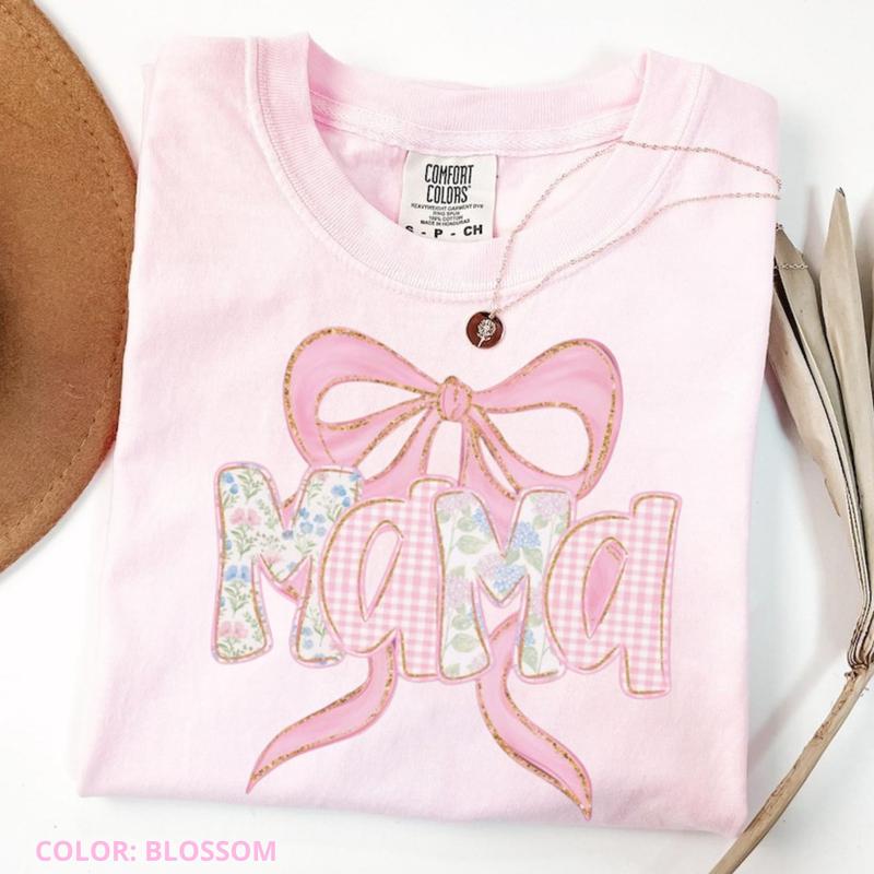 Comfort Colors Floral Mama Shirt, Spring Tee, Trendy Mom T-Shirt, Women's Flower Mama Shirt, Pregnancy Reveal Gift, Blue Pink Bow Shirt for Mom