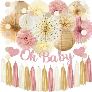 Dusty Pink Boho Baby Shower Party Decorations Champagne Beige Pink Oh Baby Banner Neutral Paper Lanterns Tissue Pom Poms Tassel Garlands for Blush Beige Boho Girl Sweet Rustic Baby Shower Decor