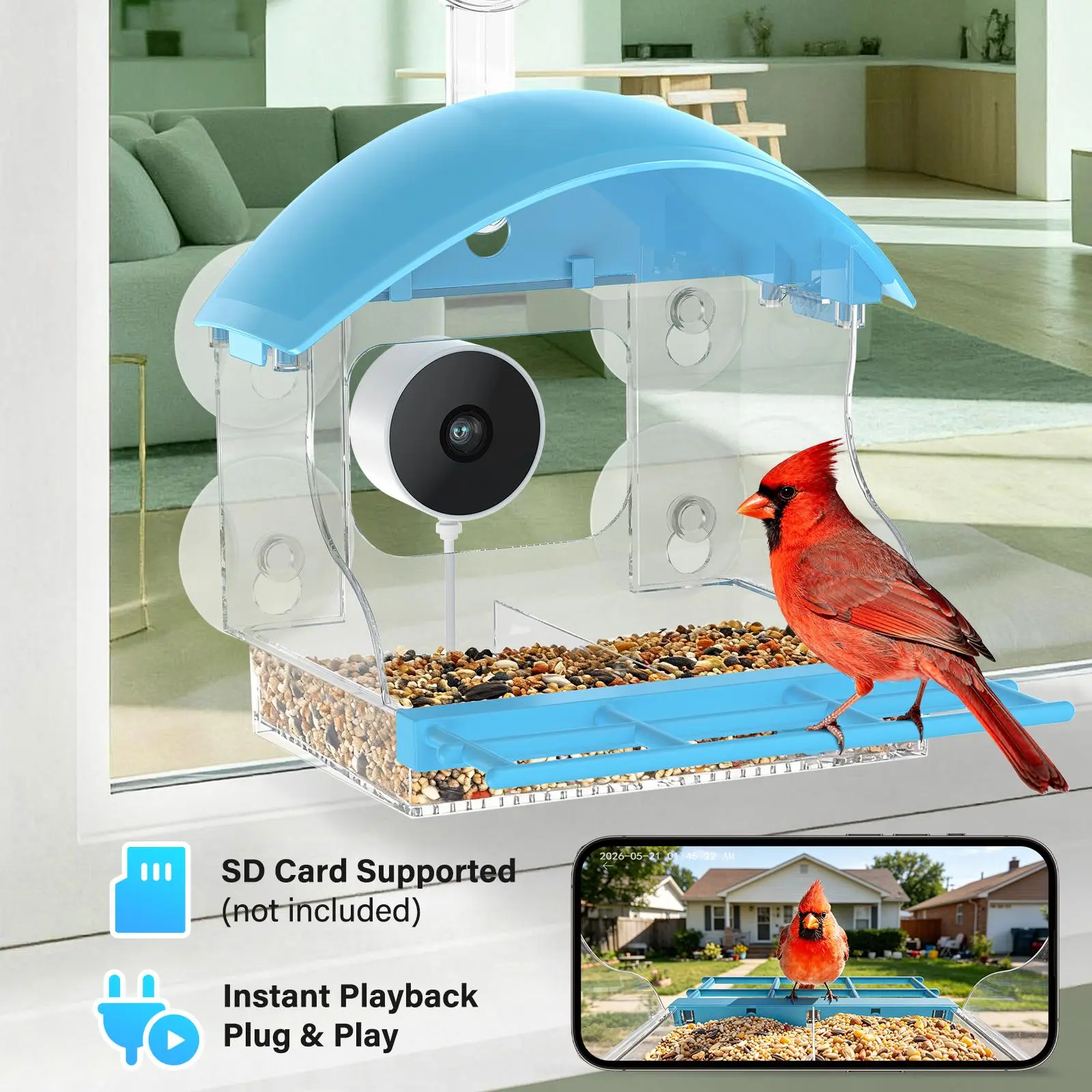 Bird Feeder with Camera for Bird Watching,2K Live Video,AI Bird Identification,Instant Arrival Alerts,Support 2.4G/5G WiFi,Featuring 5 Strong Suction Cups