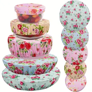 5 Pieces Reusable Bowl Covers with Elastic Stretch Cloth - Round, Flower Pattern, 100% Polyester, Polyurethane, Woven, for Food, Fruits, Leftovers Storage and Keeping Fresh - Summer Style