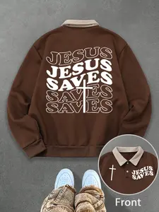 Y2K Style Jesus Saves Cross Print Polo Sweatshirt, Unisex Fitted Woven Fabric, Fall & Winter Streetwear, Retro Aesthetic Design, Casual