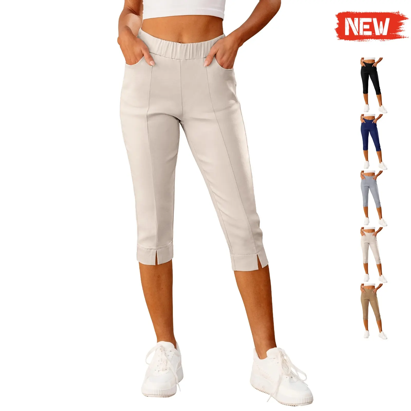 【GRAPENT New Arrival】Women's High Waisted Capri Pants, Pull-On Elastic Stretch Stretchy Skinny Pants, Dressy Casual Trousers with Pockets for Moms, Capri Pants Women