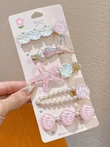 5pcs Mermaid Starfish Shell Hair Clips Set, Ocean Theme Accessories, Multi-Color Design, Daily Wear, Cute Hair Decorations