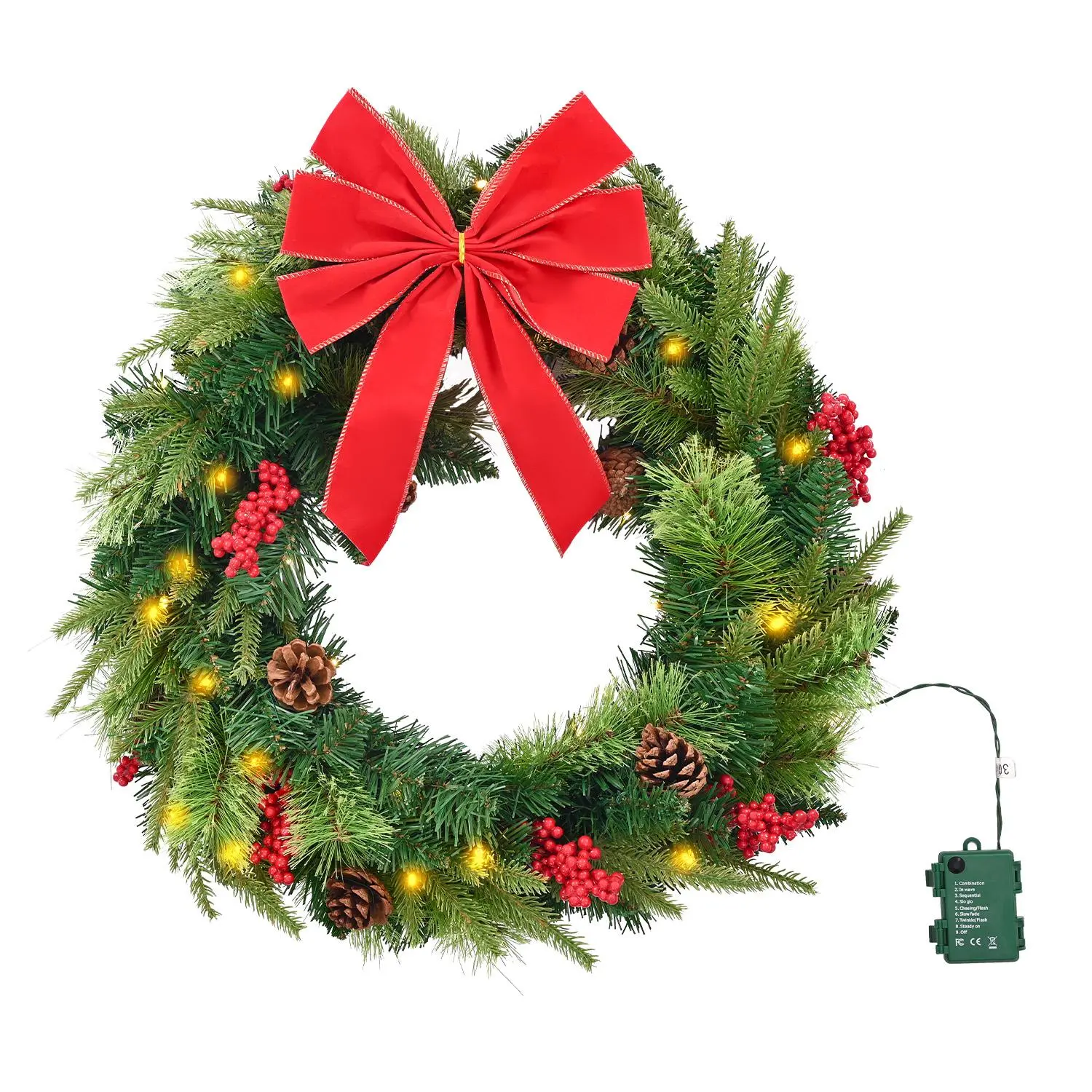 【Summerfinds】VEVOR Christmas Wreath,  , 24 Inches Pre-Lit Artificial Christmas Wreath with 50 LED Lights and Timer, Decorated with Pine Cones, Red Berry Clusters, Holly Leaves, Suitable for Fireplace Door Window
