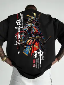 Men's Oversized Japanese Samurai Legend Graphic Print T-Shirt, Y2K Streetwear Casual Short Sleeve Tee, Japanese Calligraphy Samurai Warrior Design, Summer Daily Wear Round Neck Top for Men