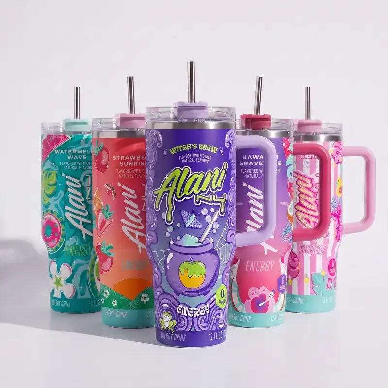 [Gift box and straw] Alani Nu Full Color Tumbler With Handle - Witches Brew Energy Drink for Extreme Sports Athlete - Purple Cotton Candy, Hawaiian Shaved Ice, Witch's Brew Insulated Travel Mug With Straw Lid Portable Water Bottles