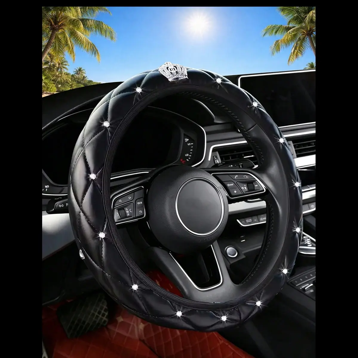 Luxurious Shiny PU Leather Crown Car Steering Wheel Cover, Fashionable Non-Slip Comfort, Easy Installation, All-Season Use, Car Accessories, Automotive